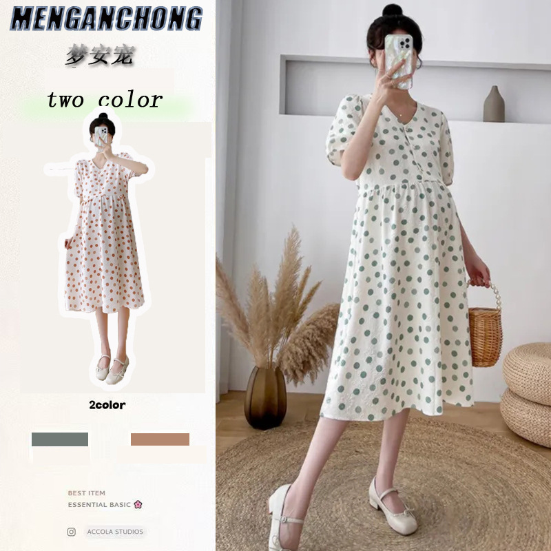 Maternity Wear Korean Style Summer V-neck Slimming Wave Point Trendy Mummy Belly Covering Outer Wear All-match Commuter Breastfeeding dress Maternity Wear Korean Style Summer V-neck Slimming Wave Point Trendy Mummy Belly Covering Outer Wear All-match Commuter Breastfeeding dress