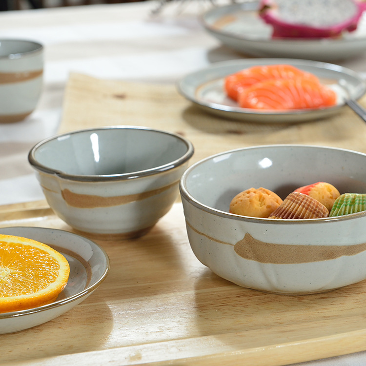 Three-point ceramic rice bowl Japanese soup bowl retro stoneware underglaze color Bowl creative home cooking wholesale