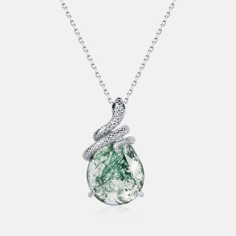 Colgante de piedra de musgo verde natural enrollado por serpientes espirituales transfronterizas Colgante de ágata de hierba con incrustaciones de plata S925 femenino Estilo europeo y americano