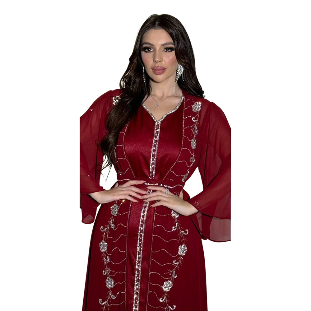 XQY500261 Four-Season Commuting Vest + Jacket Dress Chiffon Rhinestone Muslim Suit Robe_ecoleips.com