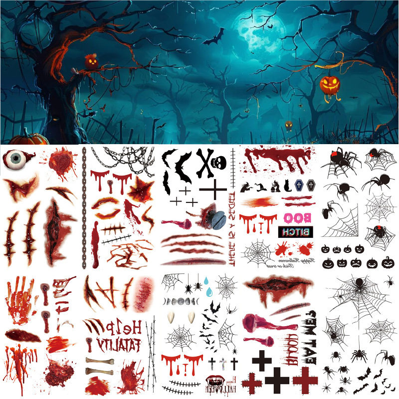 Cross-Border Halloween Tattoo Stickers for Wounds, Scars, Horror Dance Parties, Funny Spider Cross Face Stickers