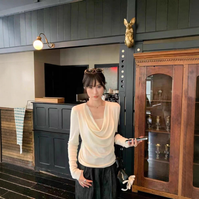 纯欲荡领露锁骨针织衫女秋冬高级感穿搭显白辣妹褶皱修身长袖上衣|undefined