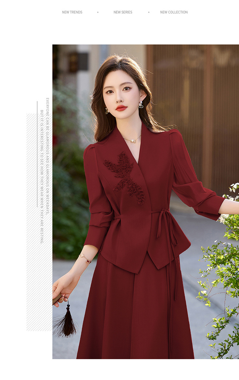 Bộ áo khoác thêu hoa nổi và chân váy midi hai mảnh mùa xuân hè 2025 JX2513 — Màu hồng, Màu đỏ chi tiết 15