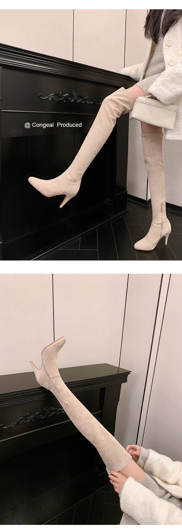 Boot nữ cổ cao trên gối mũi nhọn gót cao 9 cm chất da lộn co giãn — Lớp lót nhung tiêu chuẩn màu đen trên đầu gối, Lớp lót nhung lớn màu mơ trên đầu gối, Giày bốt cao cấp lót nhung tiêu chuẩn màu mơ, Lớp lót nhung đen trên đầu gối chi tiết 35