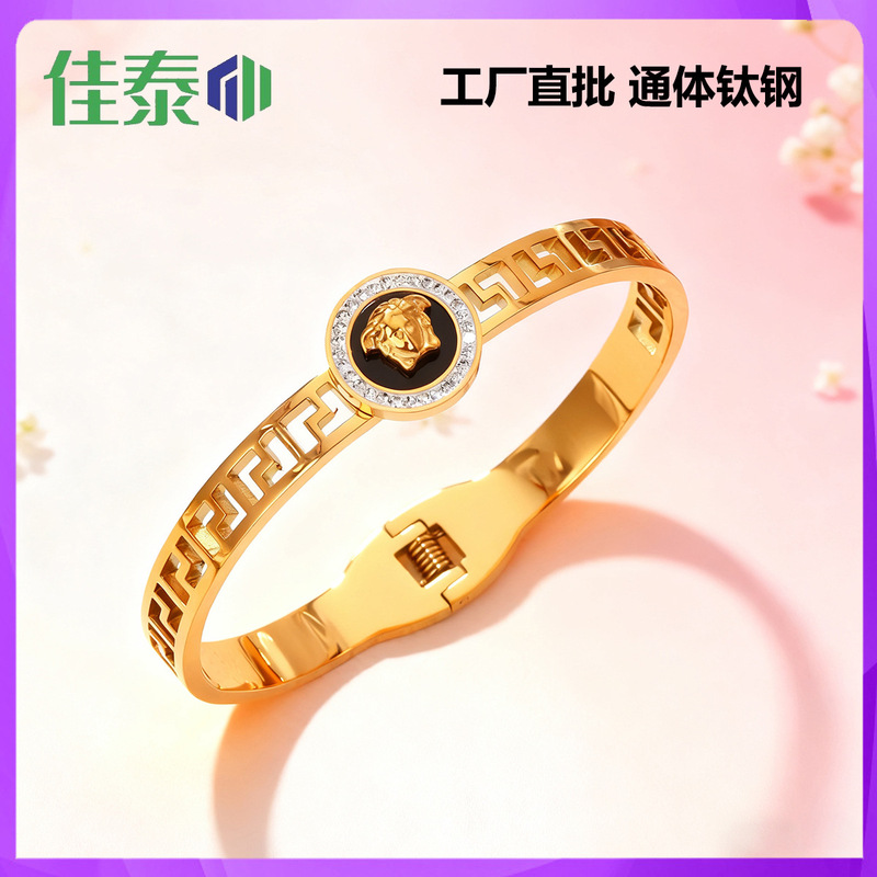 Medusa Diamond-Encrusted Titanium Steel Bracelet for Women, Greek Pattern Cut Out Accessible Luxury Stainless Steel Bracelet, Retro Style Accessories