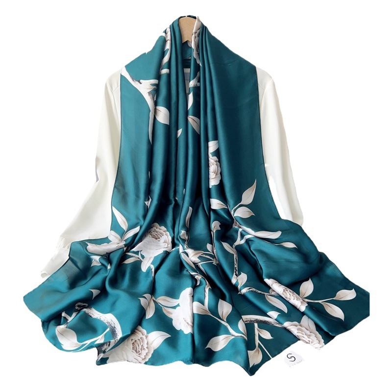 Beige Rosa impreso bufanda de las mujeres de verano de seda artificial delgada protector solar chal largo madre viajes fotografía bufanda