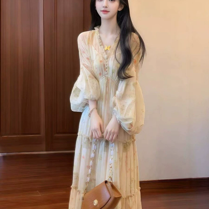 Французское платье из колокольчика с V-образным вырезом цветочного платья женское весеннее