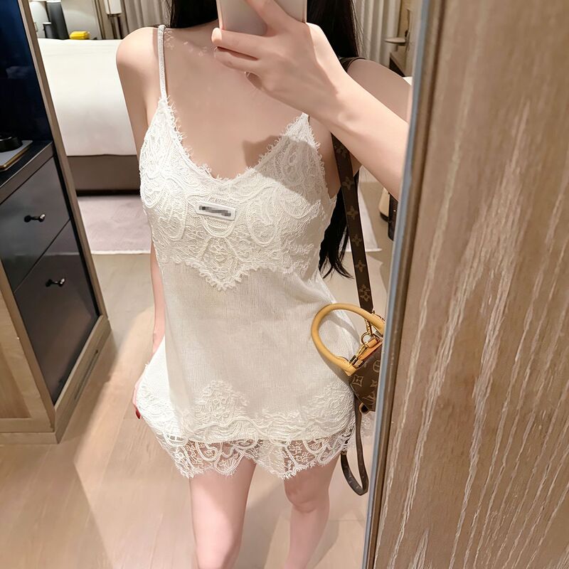 Miu-Style Pure Desire Lace Patchwork Knit Camisole Dress for Women, Summer Slim-Fit Inner Wear Tank Dress