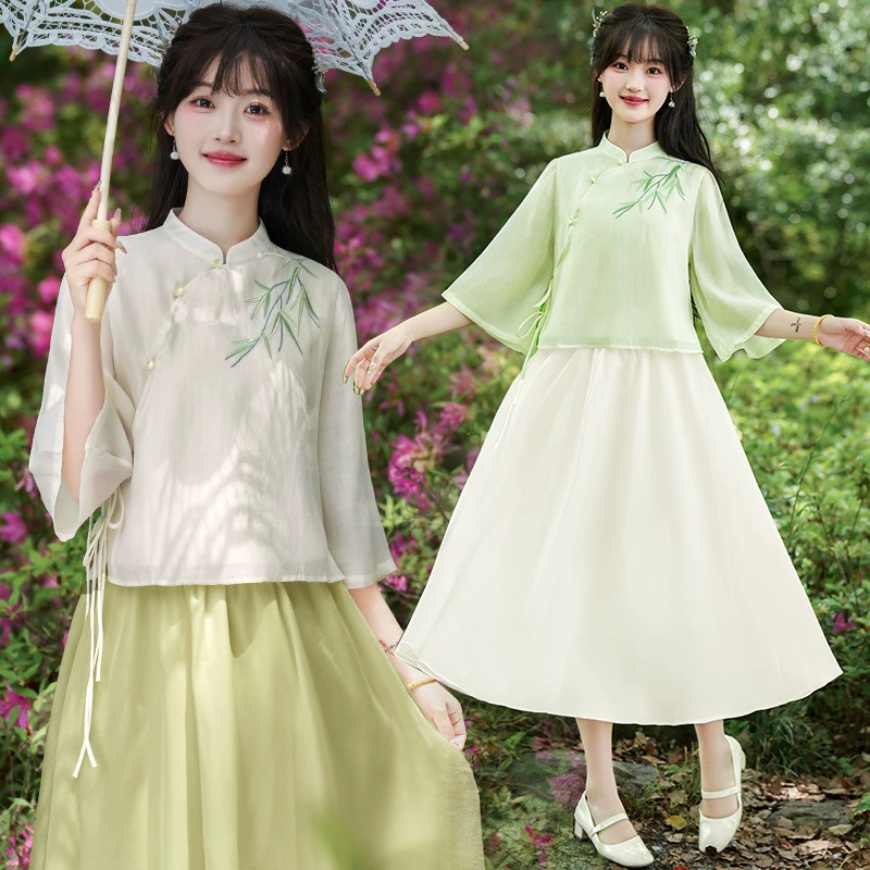 Реальная съемка нового китайского костюма в китайском стиле улучшенный воротник с вертикальным вырезом