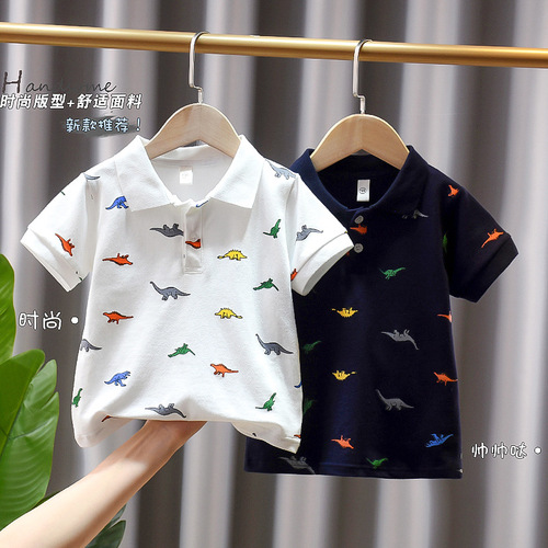 Boys' Short Sleeve T-Shirt Lapel POLO Shirt 2022 Summer New Cartoon Dinosaur Print Children's Clothes