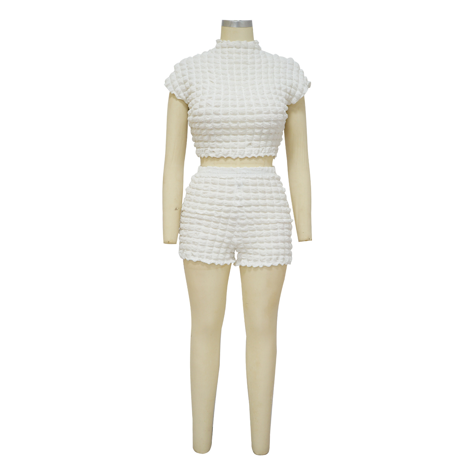 Women's Sleeveless Cropped Two Piece Set Bubble Popcorn Shorts_ecoleips.com