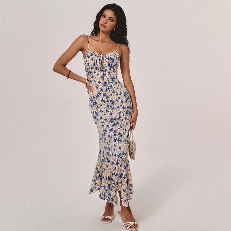 European and American 2026 Summer New Cross-Border Women's Fashion Seaside Resort Style Waist-Cinching Elegant Floral Beach Strap Dress