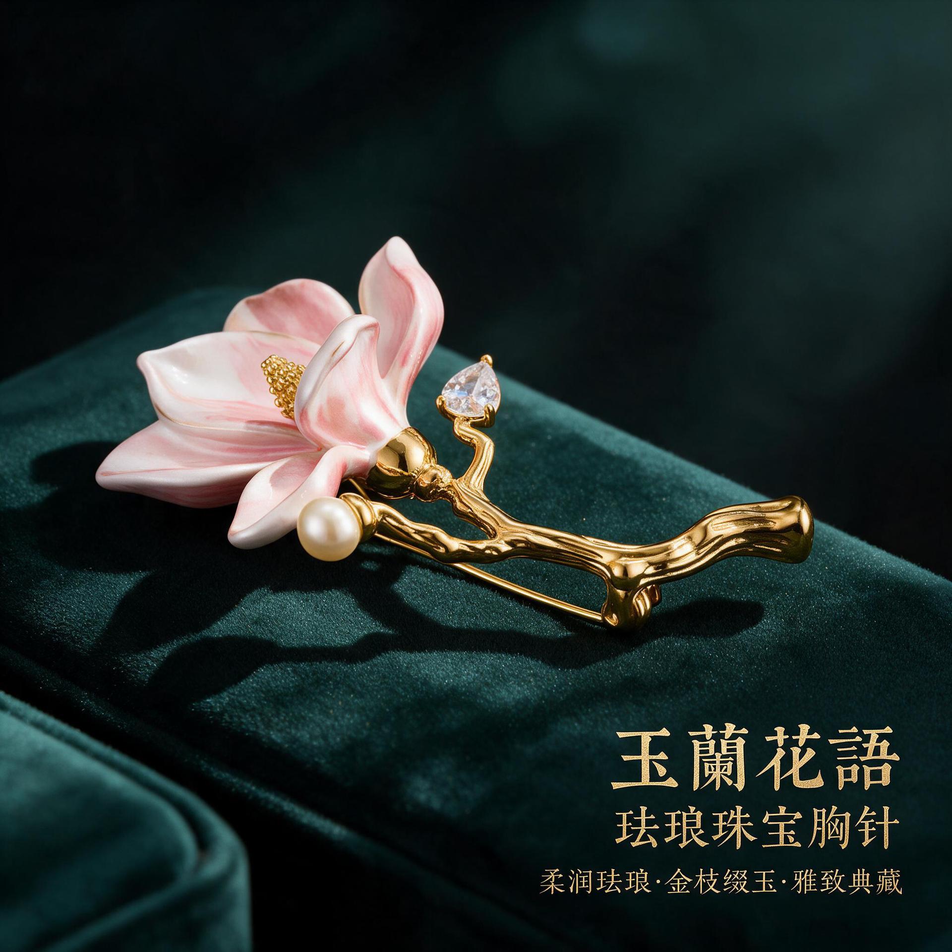 New Chinese-style enamel magnolia flower brooch, eco-friendly alloy, pearl and crystal embellishments, traditional Chinese-style pin, women's accessories, wholesale