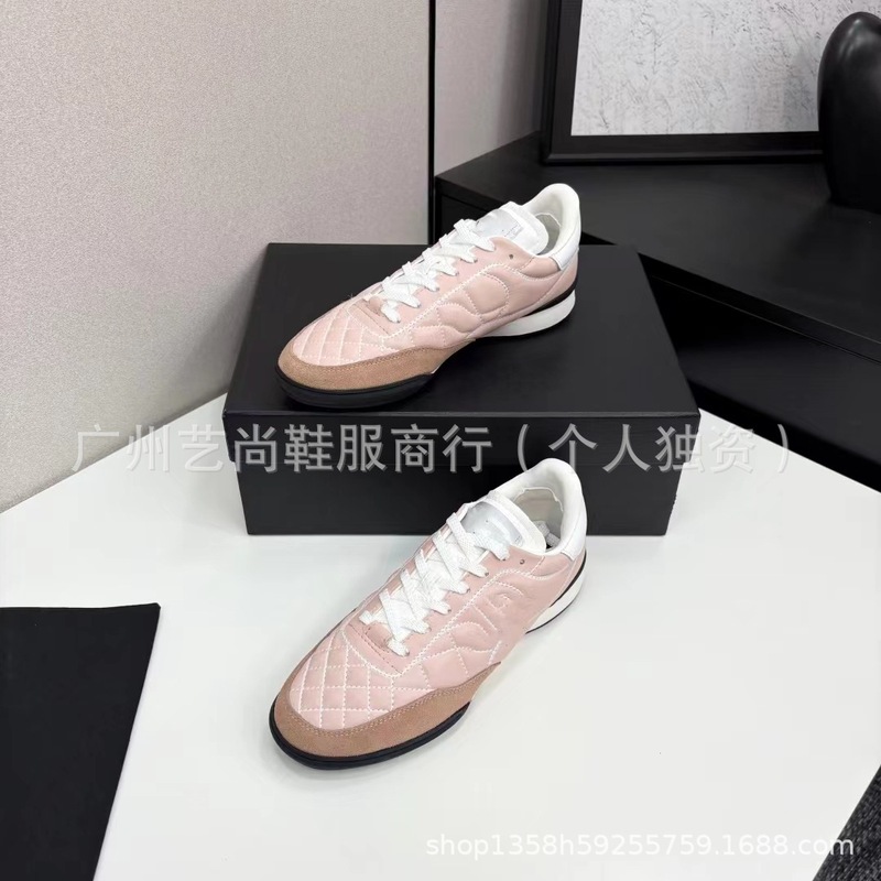 高版2025新款小香真皮圆头拼色平底系带休闲运动鞋菱格时尚跑步鞋|undefined