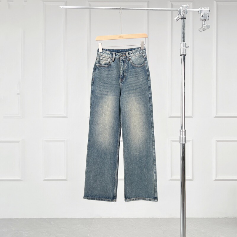 Warren Hailong |   Dp006 Fashionable Retro Distressed Washed Blue Versatile High-Waisted Straight Wide-Leg Jeans for Women