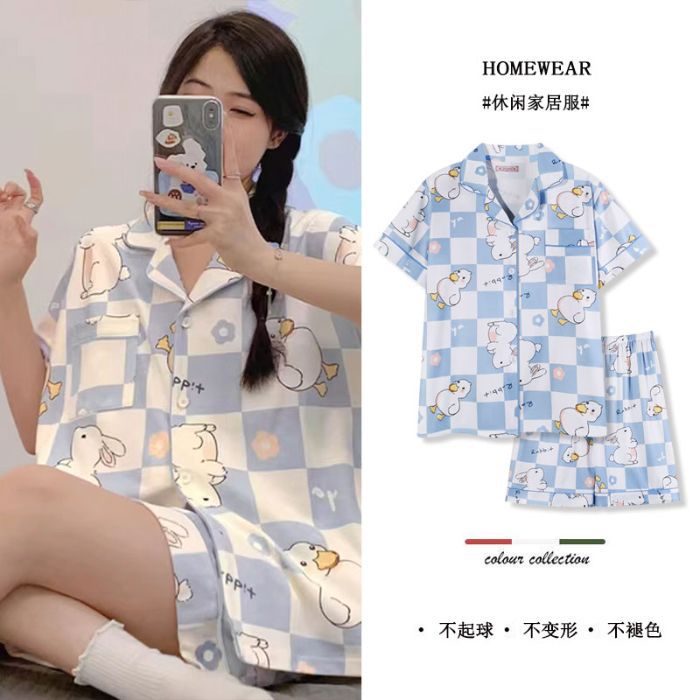 Transfronterizo 180g pijamas de algodón de imitación para mujer rebeca de verano traje de pantalones cortos de manga corta traje de ropa para el hogar de dibujos animados lindo de algodón