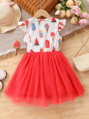 Summer European and American girls princess dress, cute flying sleeves, ice cream print, red mesh stitching, children's dress