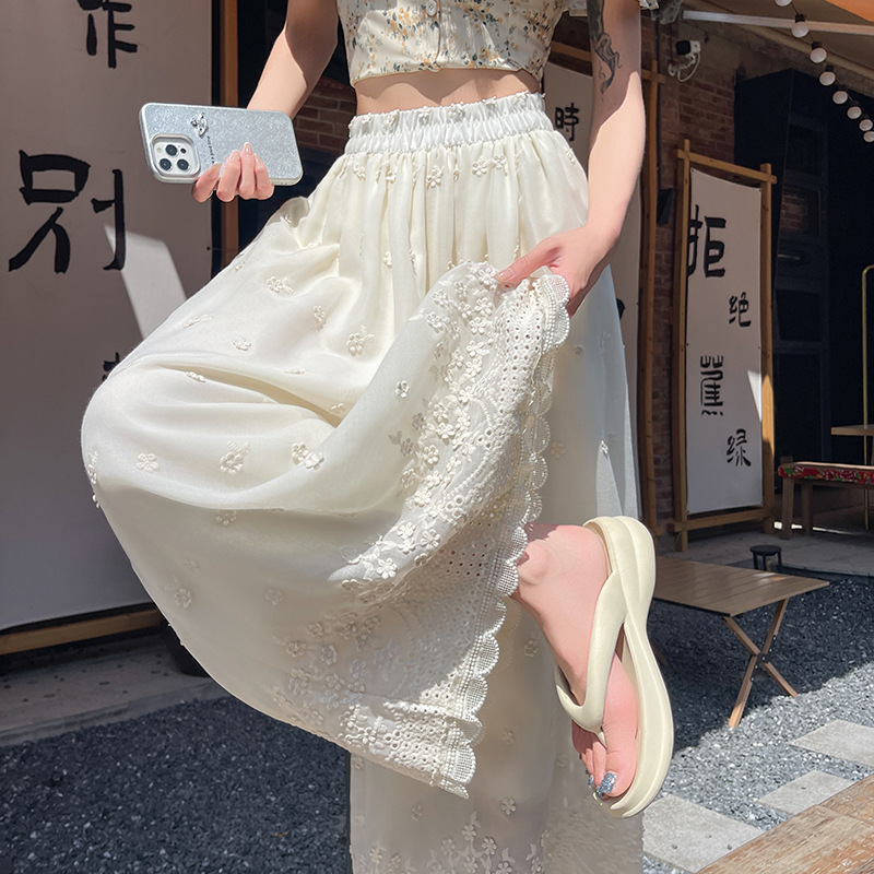 Real Shot Embroidered Hollow Wide-Leg Pants High-Waisted Slimming Elastic Waist Ruffled Hem Drape Cropped Casual Pants