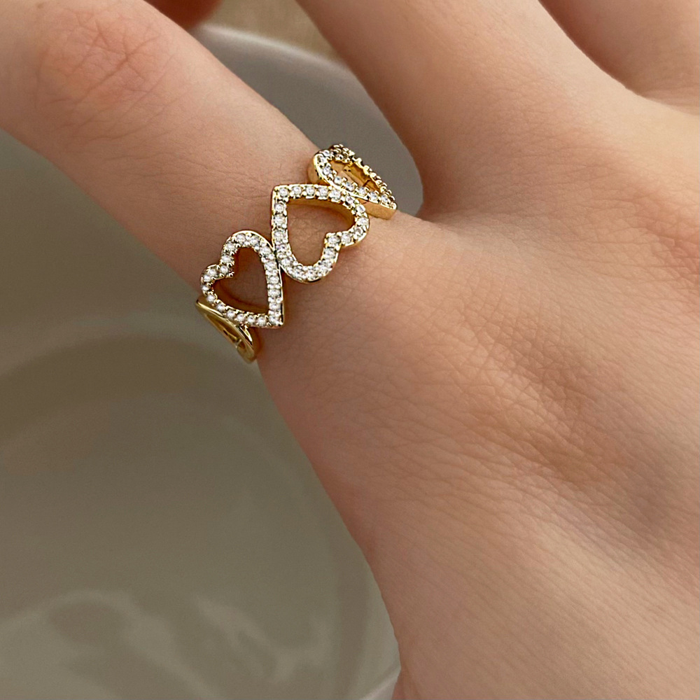 Copper Material Sweet Heart Shape Copper Plating Hollow Out Inlay Zircon Open Rings 1 Piece