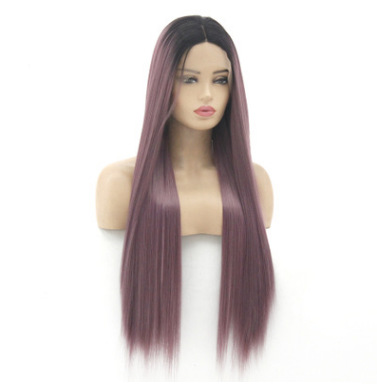 Peluca de moda, gradiente negro, púrpura mixto, pelo liso de longitud media, casco de encaje delantero de fibra química, spot al por mayor LW0099