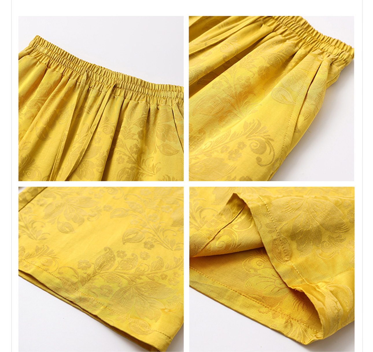 Bộ áo quần hai mảnh phong cách Trung Hoa mới cổ đứng jacquard mùa hè — Áo màu vàng, Quần dài màu vàng chi tiết 10