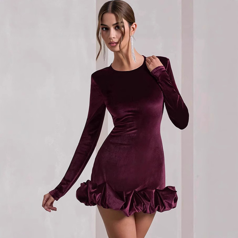 European and American Cross-Border Fashion Elegant Lv Women's Solid Color Slim Fit Ruched Bodycon Long Sleeve Short Lv Dress