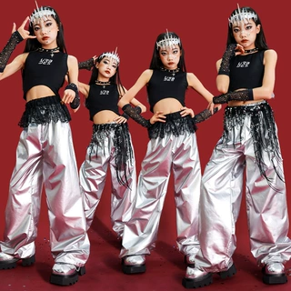 女童爵士舞银色演出服少儿jazz亮片套装儿童街舞服装女孩背心潮装