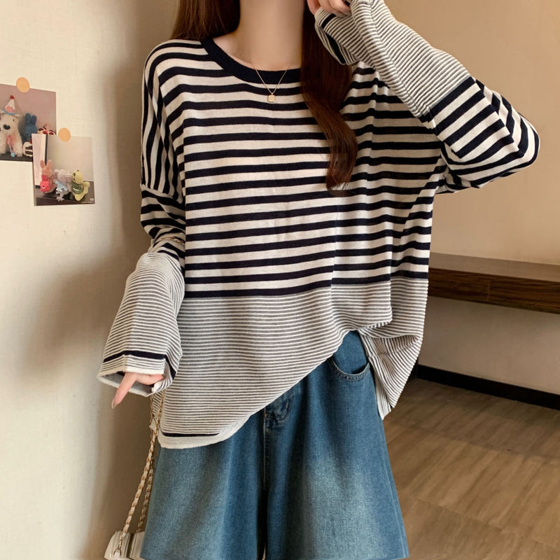 韩版宽松慵懒条纹套头针织衫秋季大码胖mm时尚显瘦毛衣长袖上衣潮|undefined