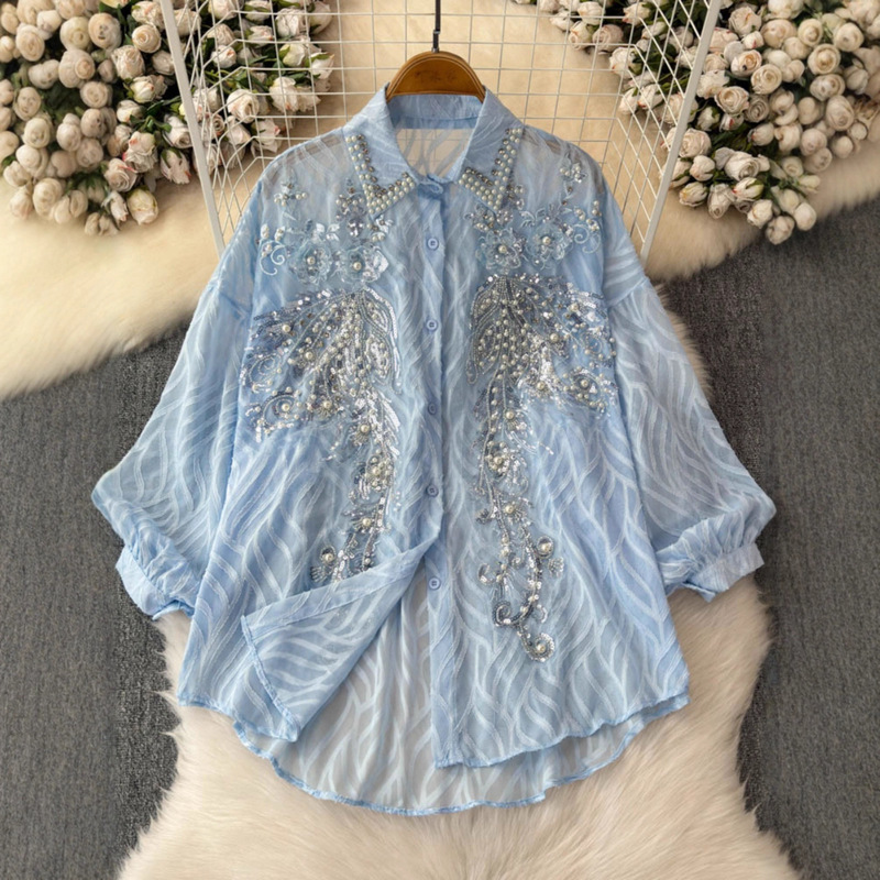 Carefully Selected Western-Style Age-Reducing Shirts for Women, French Heavy-Duty Sequin Embroidery and Diamonds, Versatile and High-End Lantern Sleeves to Make You Look Slimmer