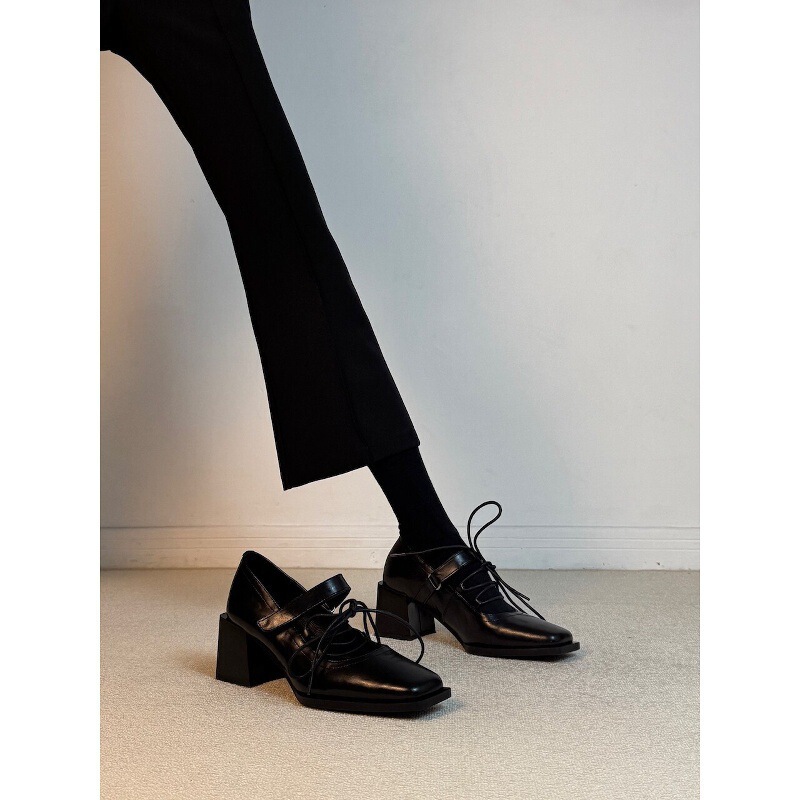 Cowhide Version~Unique Magic Tape Strap Square-Toe Mid-Heel High-Heeled Shoes for Women, Shallow Mary Jane Shoes with Chunky Heels