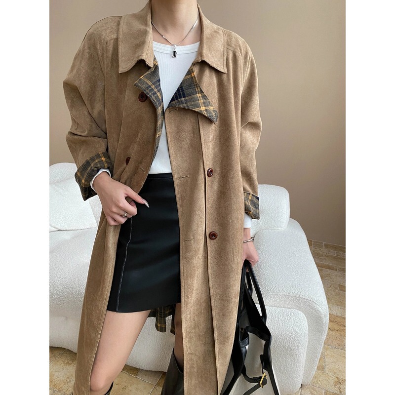 Sinan Early Autumn New Style Faux Suede Reversible Retro Plaid Patchwork British Style Trench Coat Sn7803 Sinan Early Autumn New Style Faux Suede Reversible Retro Plaid Patchwork British Style Trench Coat Sn7803