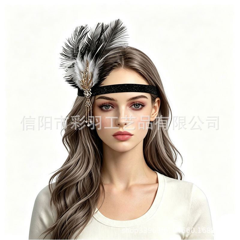 Gatsby Masquerade Party High-End Feather Headband with Sequins and Tassels for Party Decoration