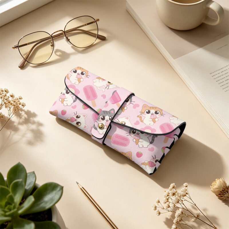 Cross-Border Pu Leather Glasses Case with Cute Cat Print, Custom Print on Request, Dropshipping Sunglasses Storage Box