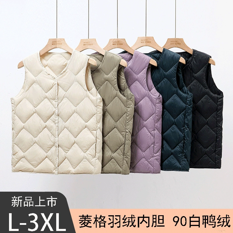 Новая женская короткая пуховая жилетка с ромбовидным узором для осени и зимы, модная легкая куртка-жилет с V-образным вырезом для ношения под одеждой.