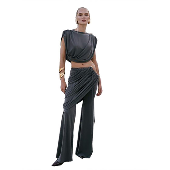 European and American style 2024 autumn and winter new women's personalized pleated round neck T-shirt solid color irregular micro-pants suit