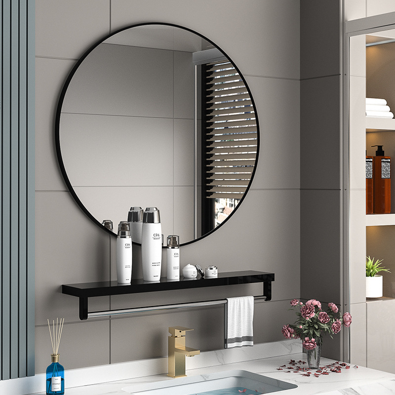 Espejo redondo de baño con estante para Norteamérica, espejo de maquillaje sin taladro, espejo nórdico de pared, espejo de baño sudamericano, espejo de tocador. image 4