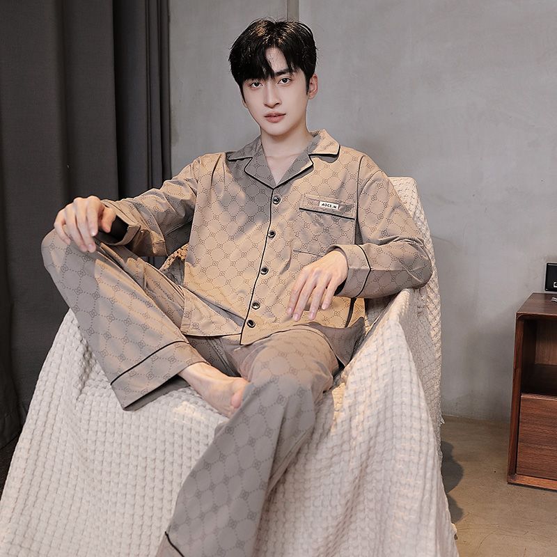 Pijama de hombre otoño y invierno de mangas largas sensación de solapa de moda cómoda ropa casera casual conjunto de ropa exterior