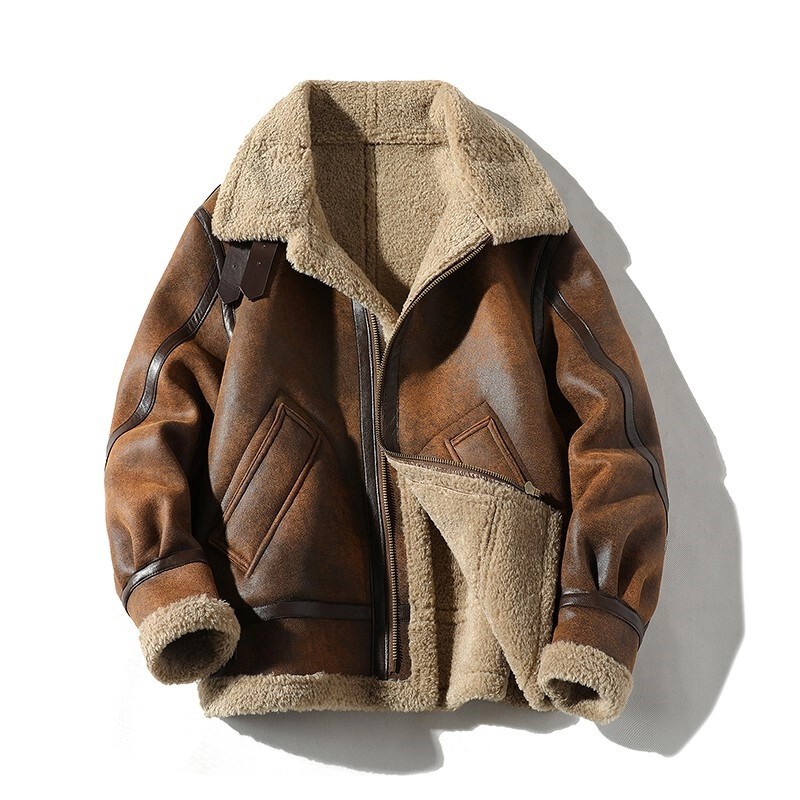 Boys' Brown Outwear Autumn and Winter Handsome Lamb Fur All-In-One Jacket Cotton Padded Velvet Thickeneded Stand-Up Collar Cotton Outwear