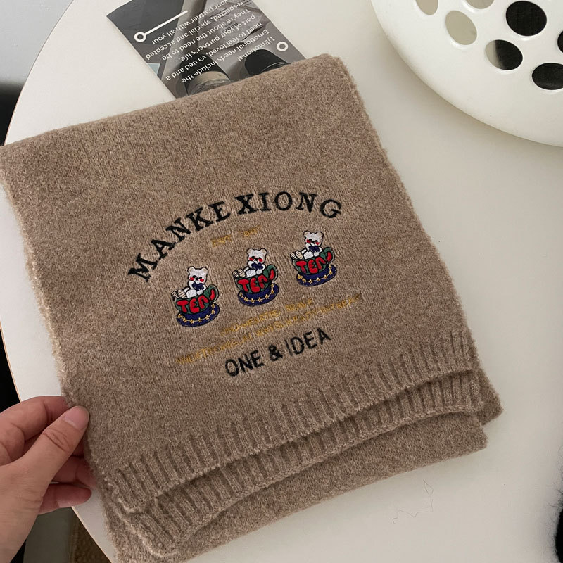 Sciarpa ricamata con tre piccoli orsetti ~ Dolce sciarpa in cashmere per il calore autunnale e invernale delle donne Coppia lavorata a maglia al collo_voghion.com