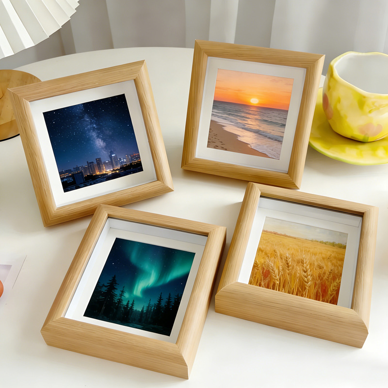 Square 4inch Wooden Hollow Photo Frame Creative Oil Pastel Mini Picture Frame Calligraphy DIY Desktop Display Wooden