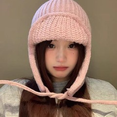 女性用冬用耳保護帽子、カジュアルで甘くてかわいいニット帽、ウールの帽子、顔が見える小さな暖かいパイロット帽子、雷峰帽子