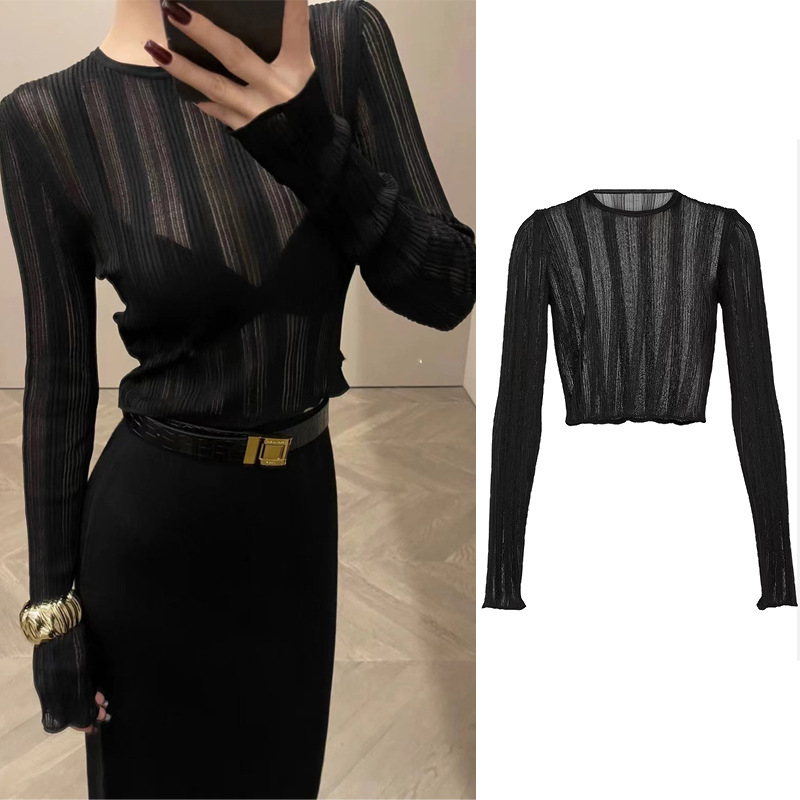Relaxed, sheer, cropped, 2024 autumn style, minimalist design, thin and sheer top with ribbed stretch fabric, elegant and sophisticated.