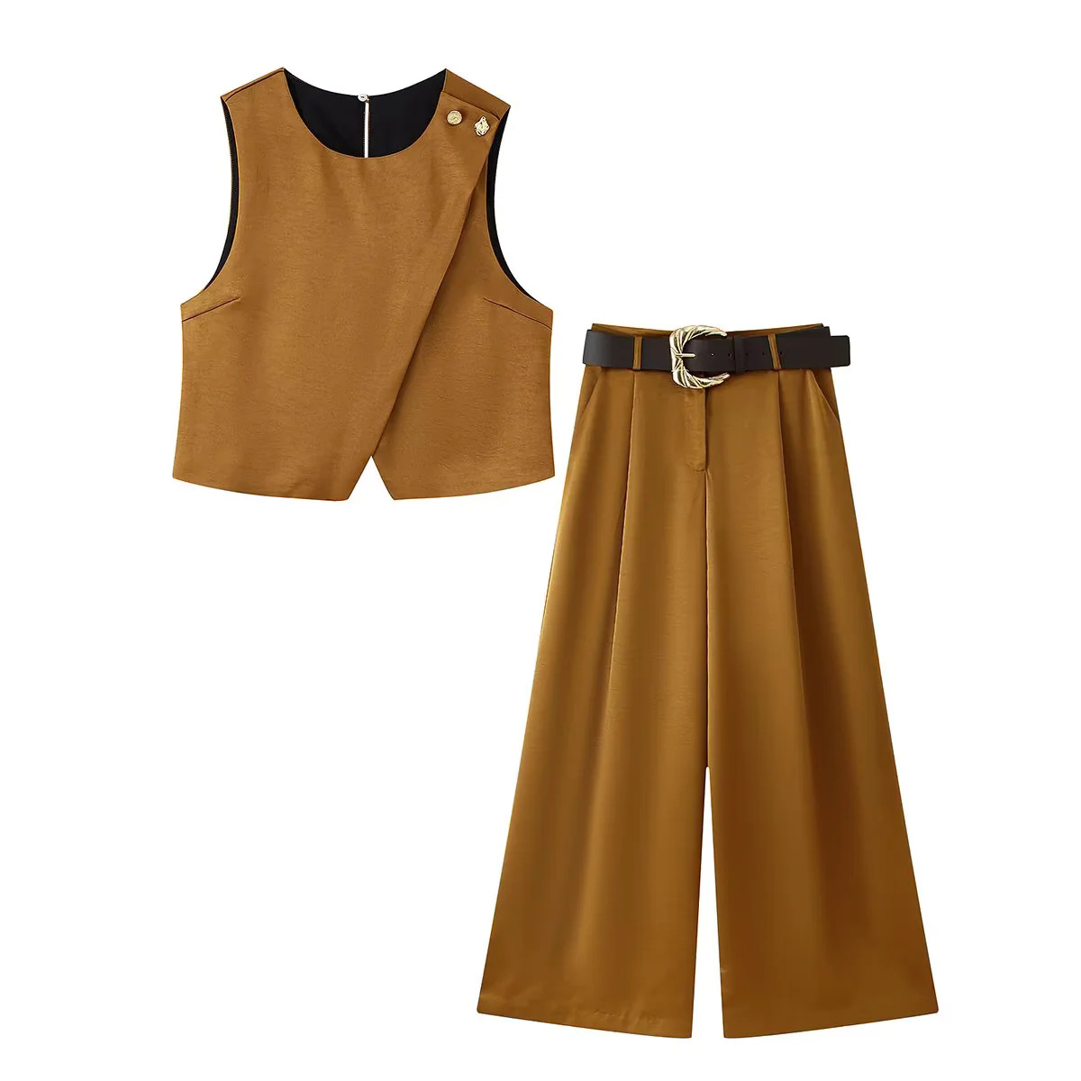 速卖通跨境新款女欧美风双襟丝缎质感上衣配腰带绸缎宽松长裤套装