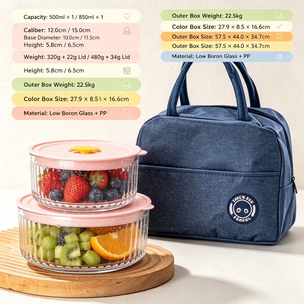 Yu Ning glass food storage bowl set, portable with optional insulated bag, for refrigerator storage, glass bowls, lunch boxes