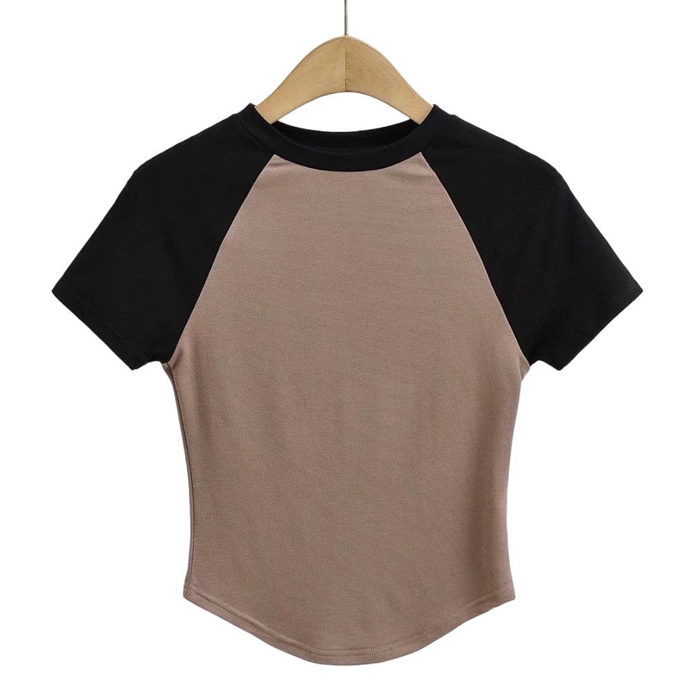 2022 verano europeo y americano chica caliente cuello redondo manga raglán apretado color a juego manga corta Camiseta corta retro Top para mujeres