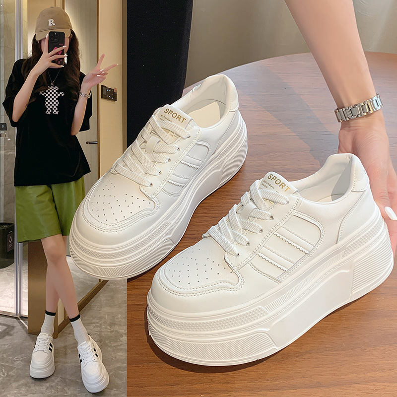 Korean Style Popular White Shoes for Women 2025 Spring New Thick-Soled Heightening Casual Shoes Lace-Up Casual Sports Sneakers for Women