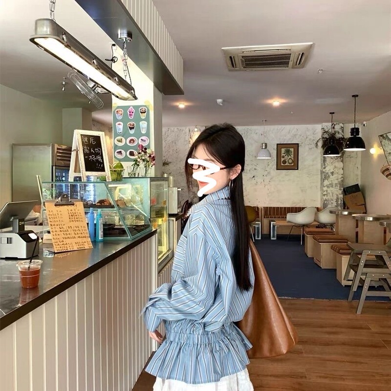 2025新款设计感撞色条纹长袖衬衫女装秋季小众休闲宽松POLO领上衣|undefined