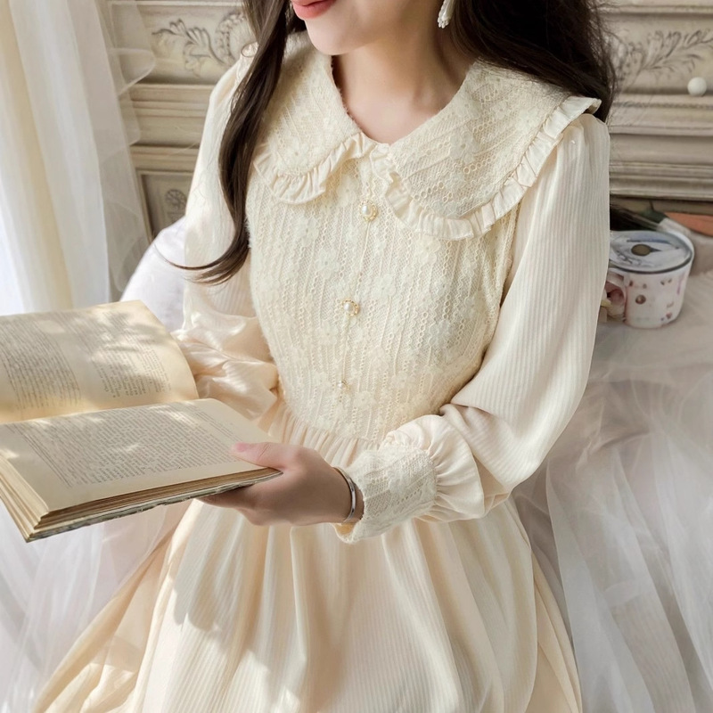 French Doll Collar Long-Sleeved Dress for Women Autumn New Style Gentle First Love Waist-Cinching Petite Temperament Long Skirt