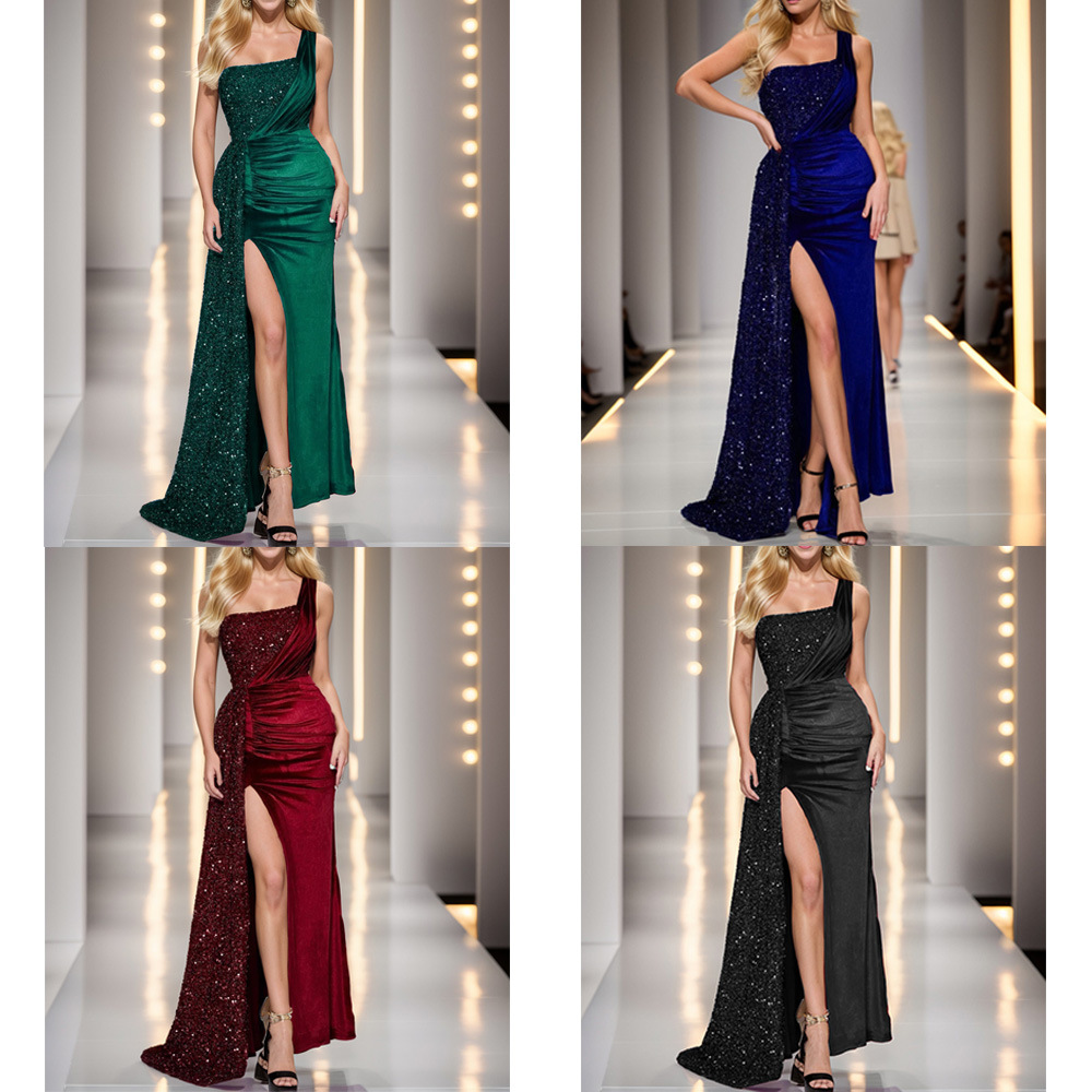 European and American Foreign Trade Women's Light Luxury High-end Fishtail High-end Banquet Elegant Host Single Shoulder dress Evening Dress Women