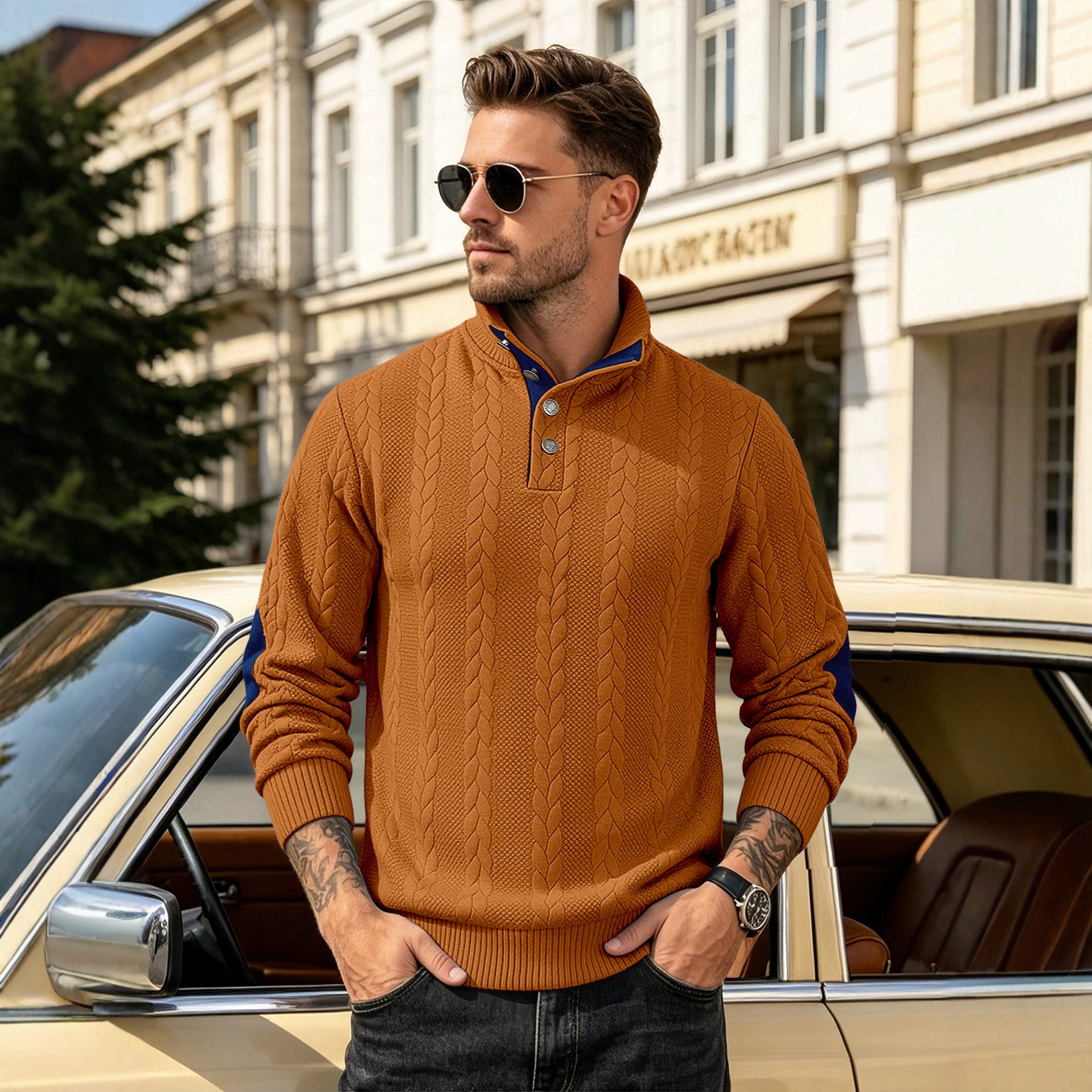 Camiseta POLO jacquard para hombre, estilo europeo y americano, con cuello Henley, manga larga, bordado con parches, suéter informal para hombre.